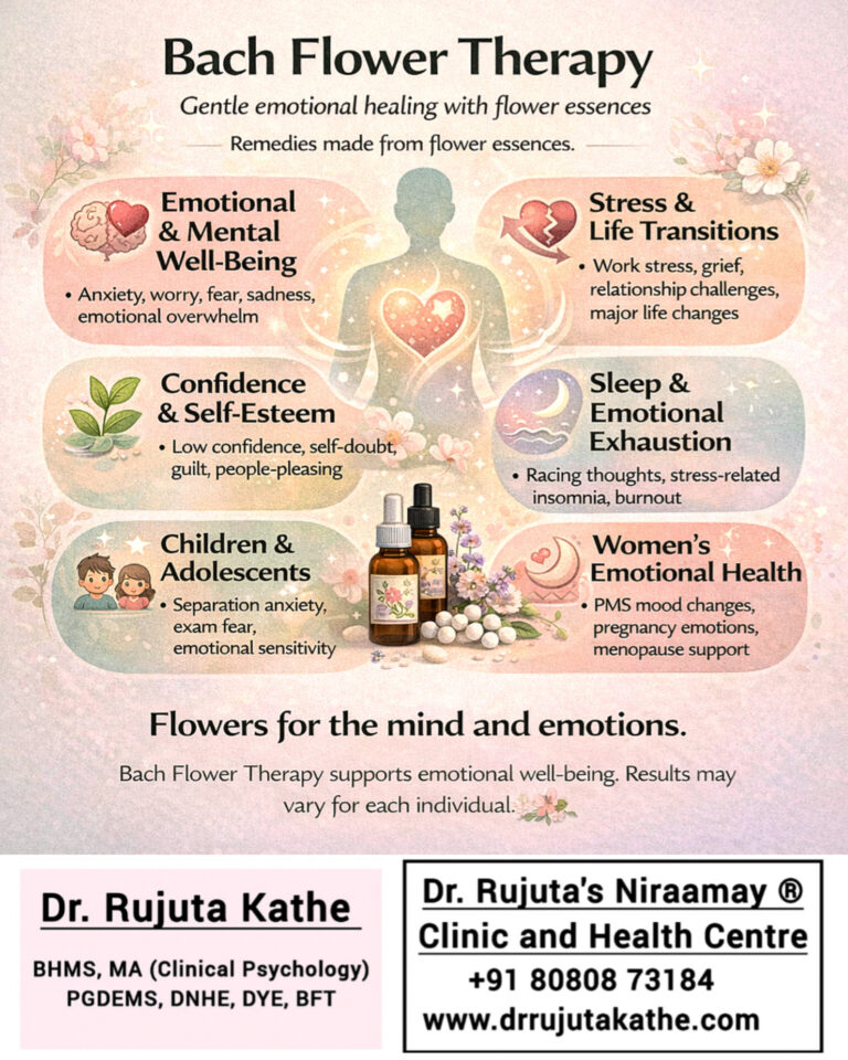 Dr. Rujuta Kathe- Psychological Counseling for all genders and age-groups along with Homoeopathic and Bach Flower Treatments for psychological and emotional wellbeing. Seek help for Anxiety, Depression, Stress, Panic, Insecurities, Fears, phobias, eating Disorders, Social anxieties and more